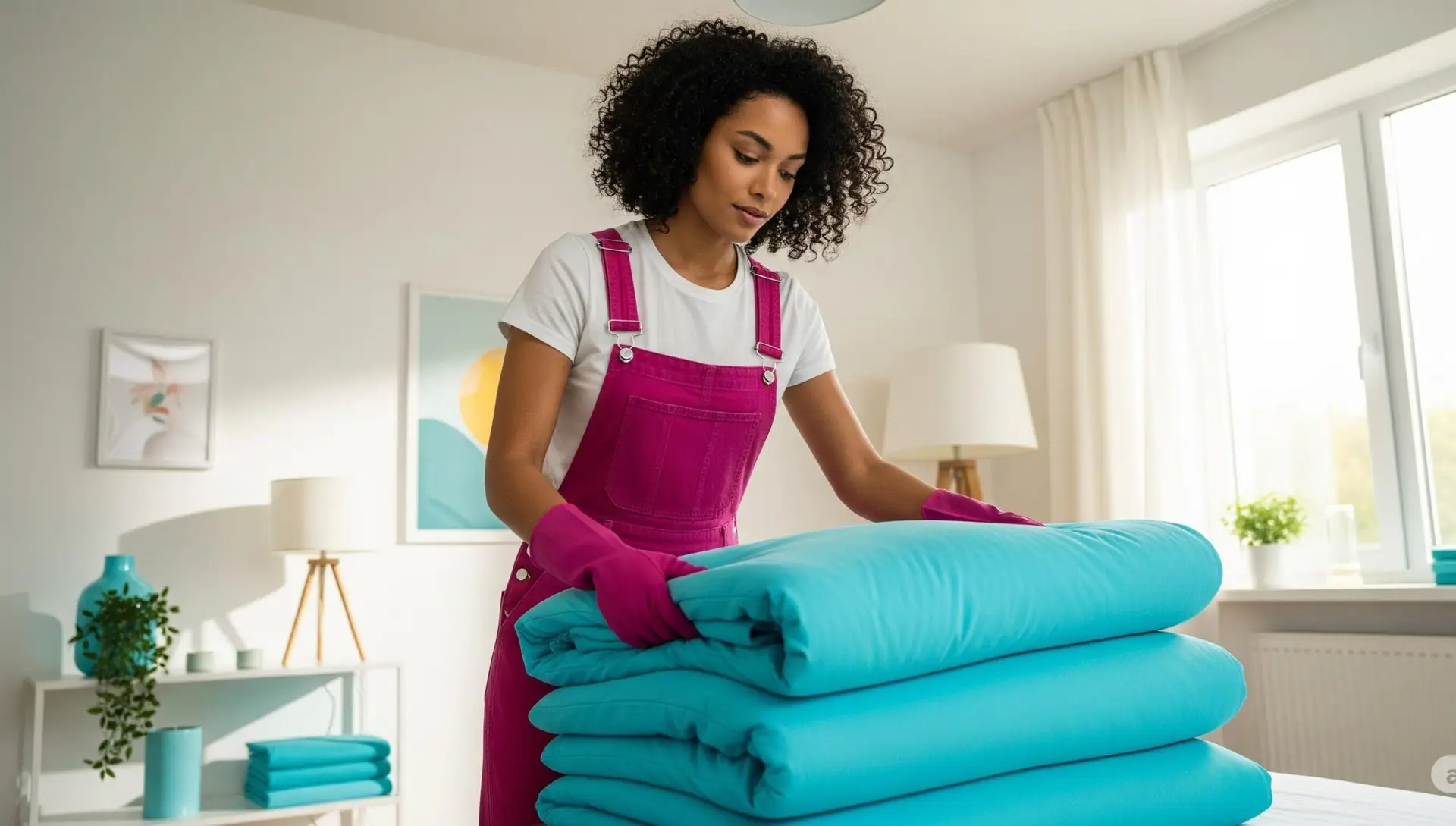 Folding sheets by a pink over all and pink gloves lady