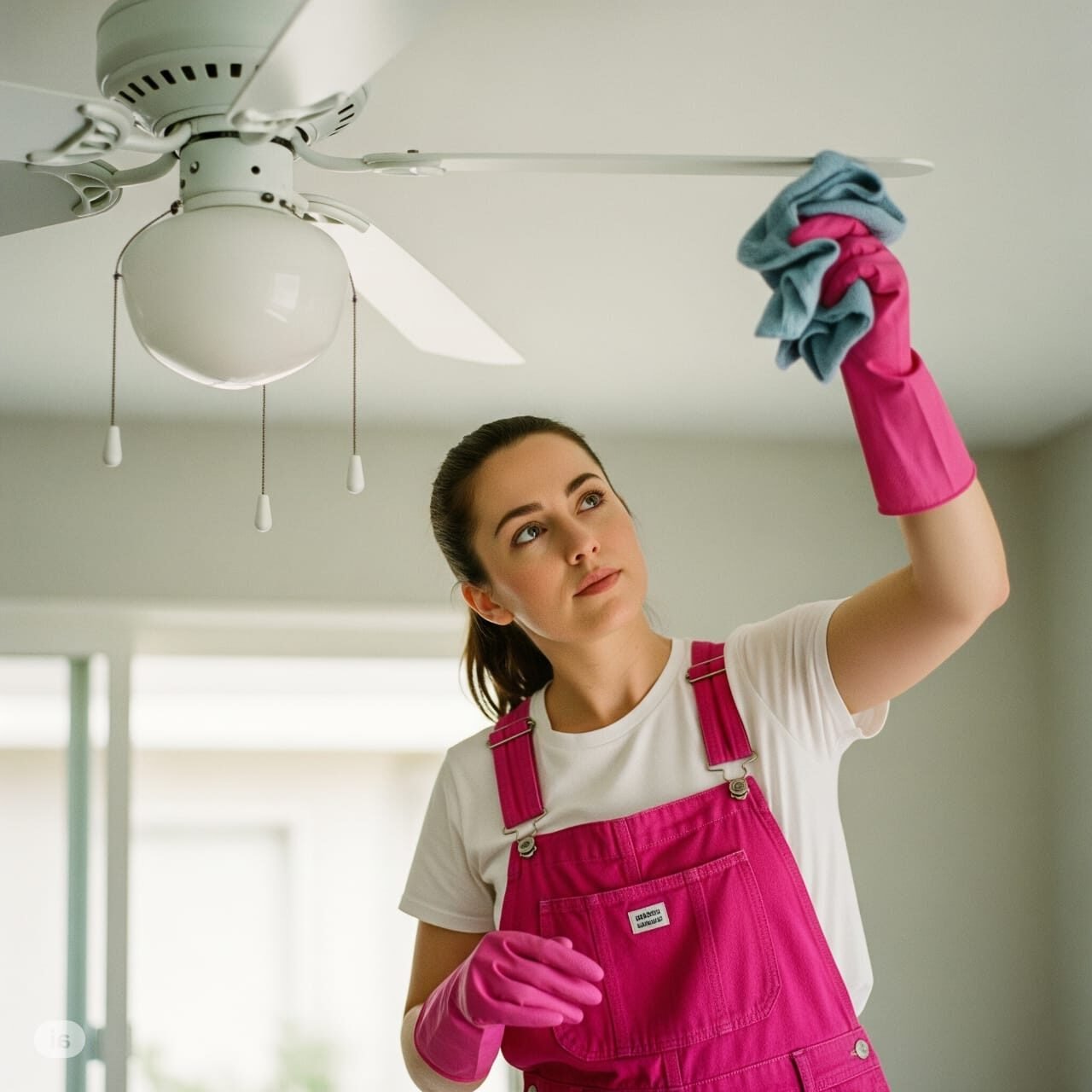 an amazing face lady cleaning a ceiling fan