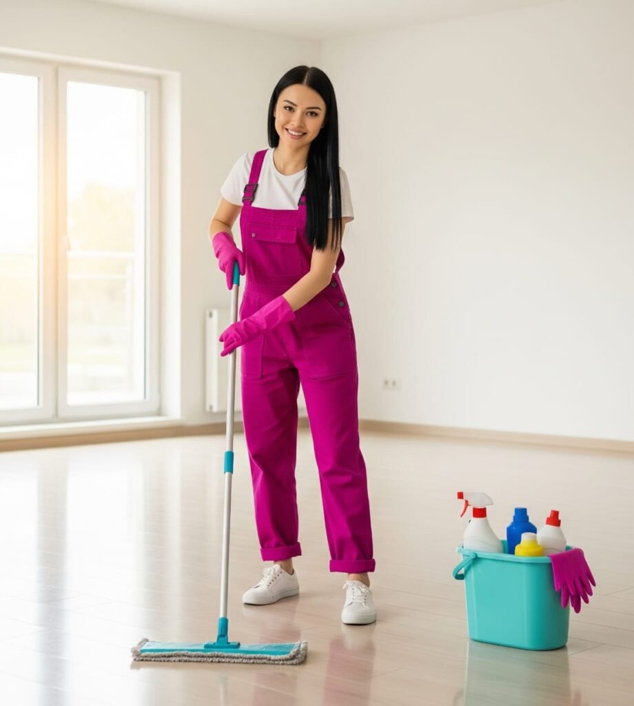 pleasant lady mopping up the floor in a Unfurnished home