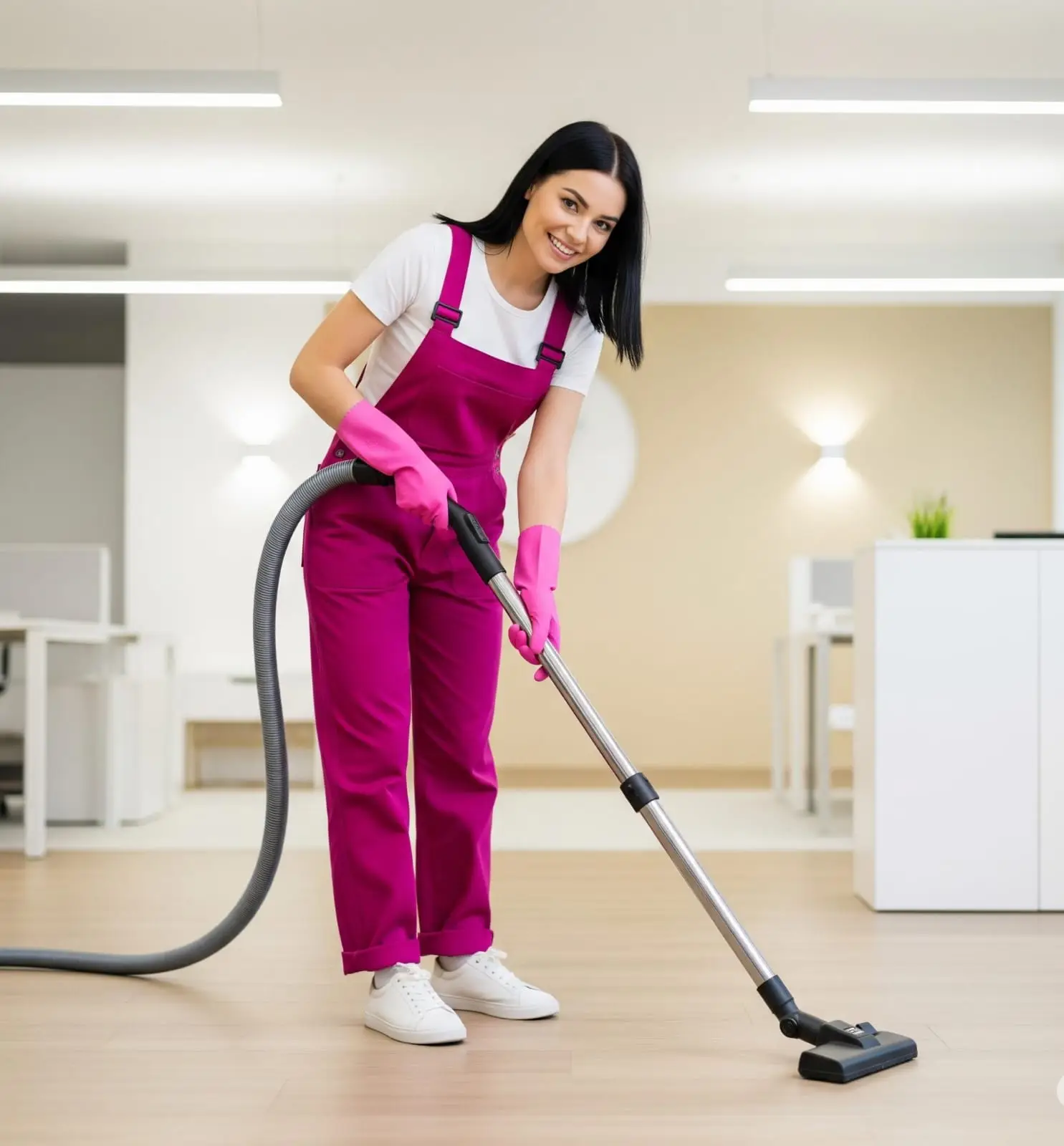 Sweet girl in a pink overall and pink gloves vacuum an office floor