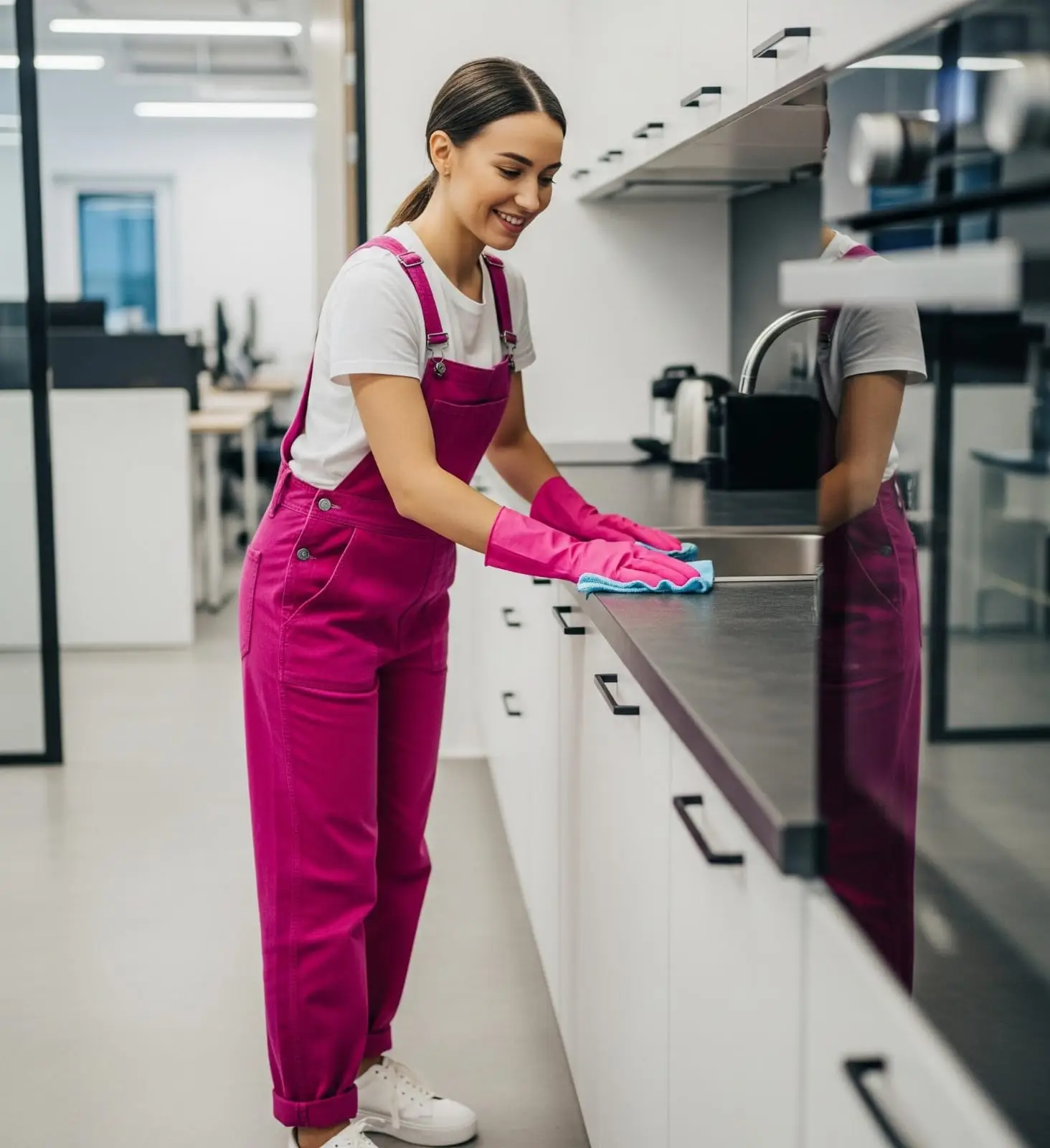 miss in a pink overall and pink gloves dusting an office kitchen counter top