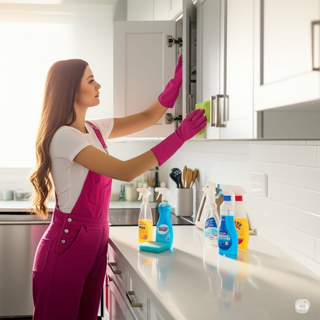 pretty styled woman in pink overall cleaning kitchen cabinets