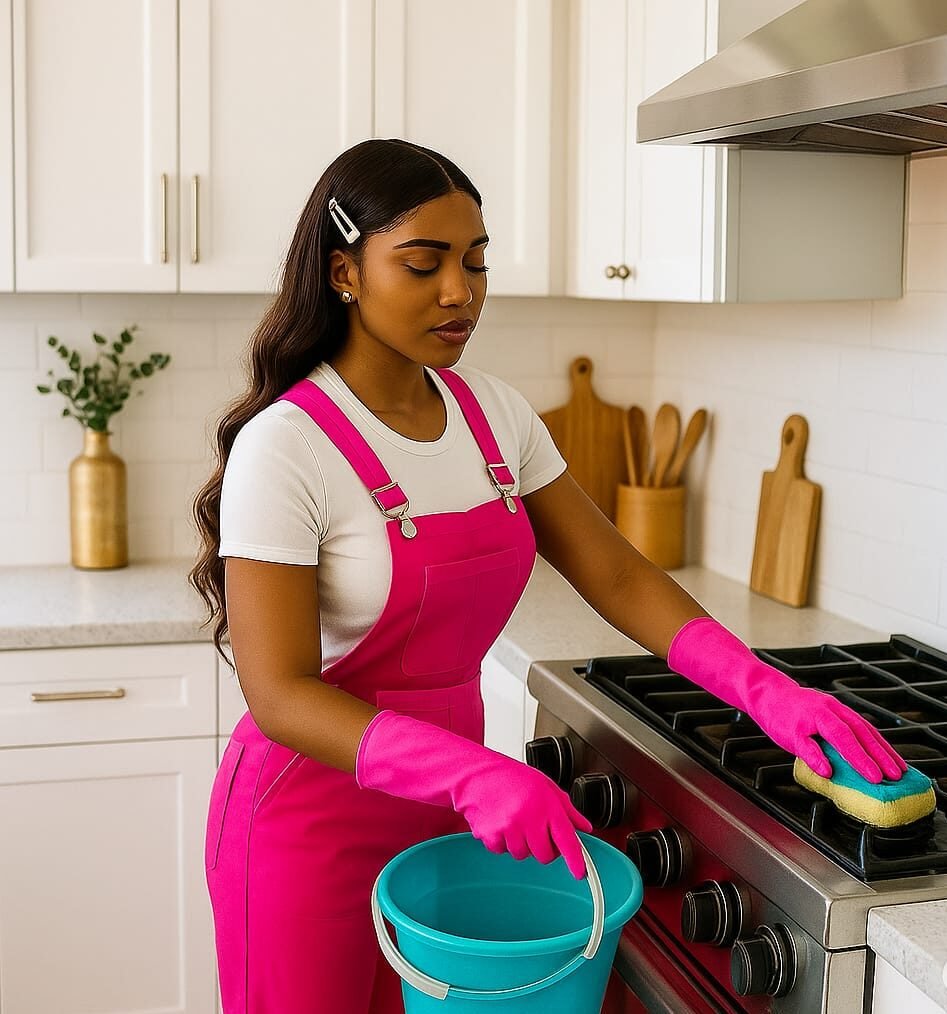 Pretty lady degreasing the stove top