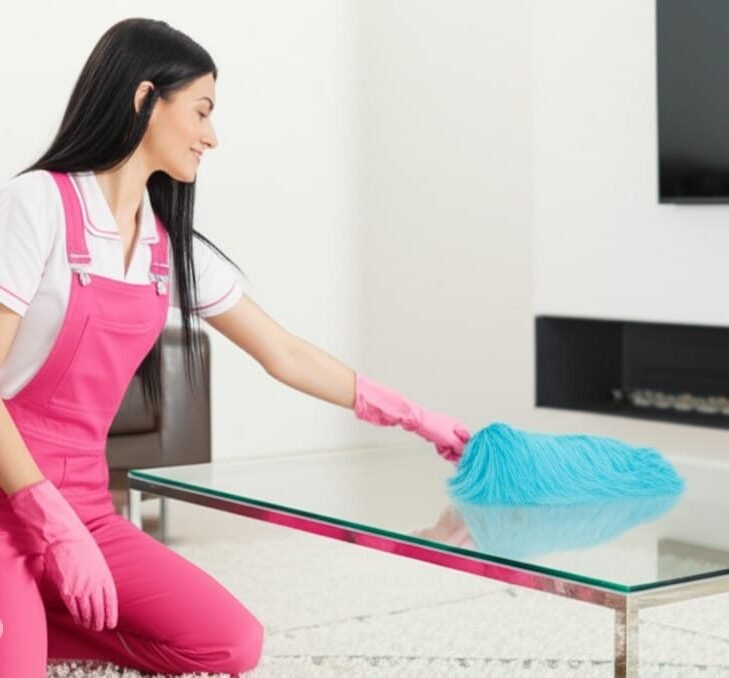 pleasant lady dusting a glass living room coffee table