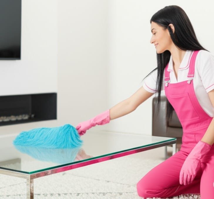 pleasant lady dusting a glass living room coffee table