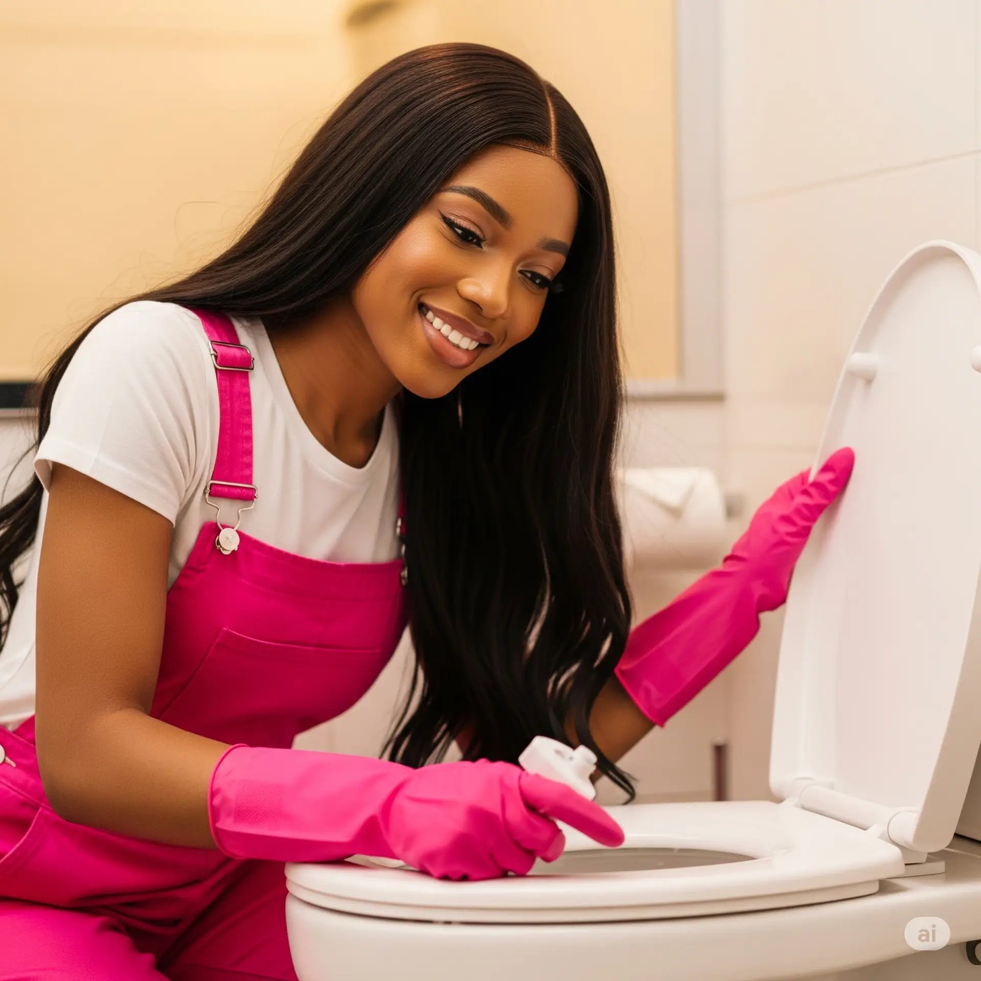 Sweet lady in pink overall and pink gloves washing a toilet