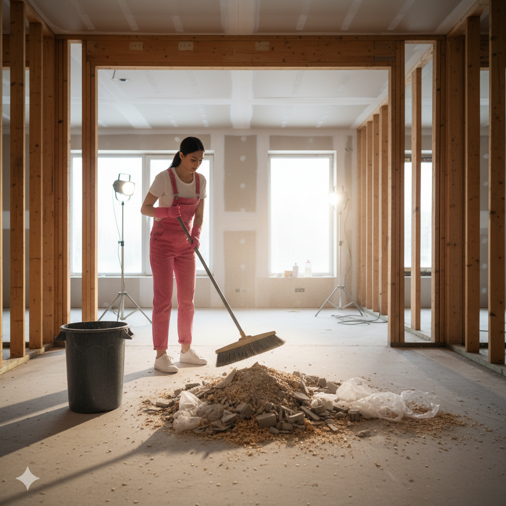 Beautiful cleaning lady sweeping debris into a remodeling house